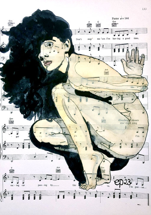 Lifedrawingsession with artmodel @bluede_model2, Nicole, 21-01-2023 (aquarel on sheetmusic, 21,9x30 cm)