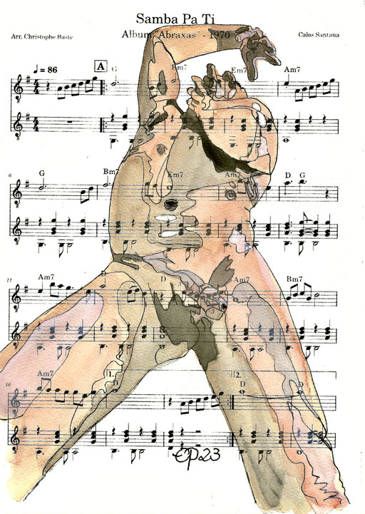 "Samba Pa Ti", October 10, 2023 @lorent_live_model (aquarel on paper sheet music, 21x29,7 cm)