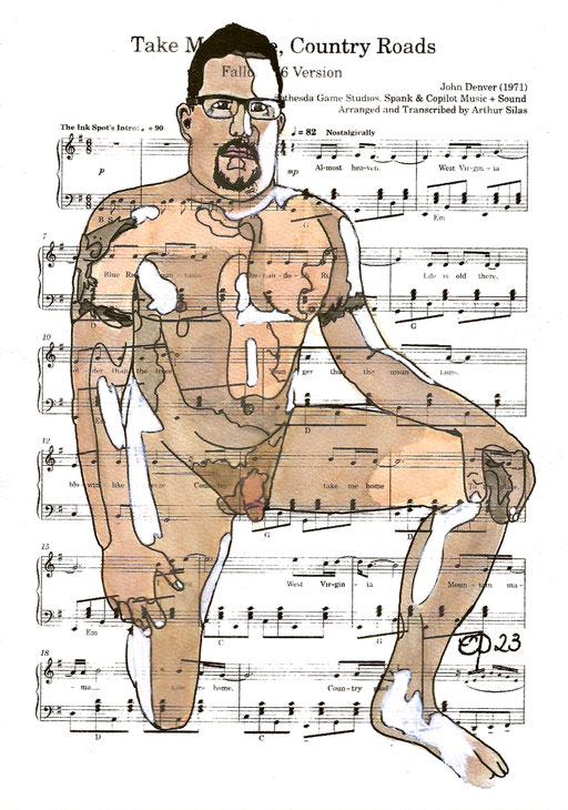 "Take me home, Country roads" November 9, 2023 (aquarel on paper, sheet music, 21x29,7)