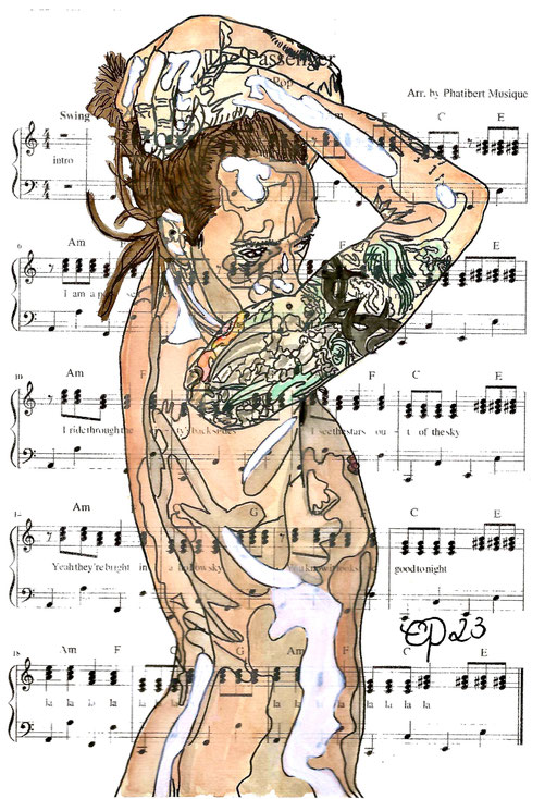 "The Passenger" October 28, 2023 (aquarel on paper, sheet music, 21x29,7)