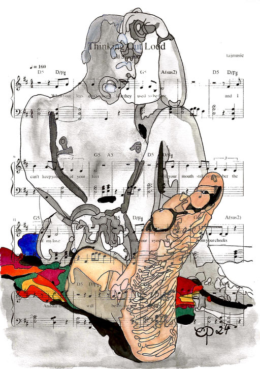 "Thinking out loud" April 15, 2024 (Aquarel on paper, sheet music, 21x29,7)
