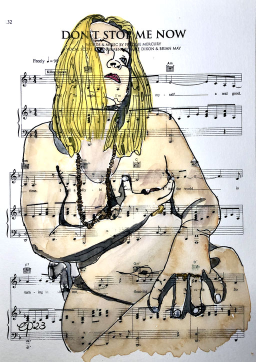 Livedrawing session met Helen, March 2023 (aquarel on sheetmusic, 21x29)