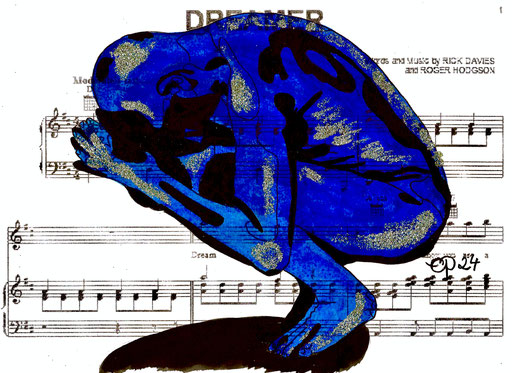 "Dreamer" January 31, 2024 (mixed media, aquarel on paper, sheet music, 21x29,7)
