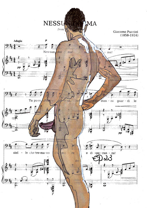 "Nessun dorma", October 15, 2023 @luiggiartmodelling (Aquarel on paper, sheet music, 21x29,7)