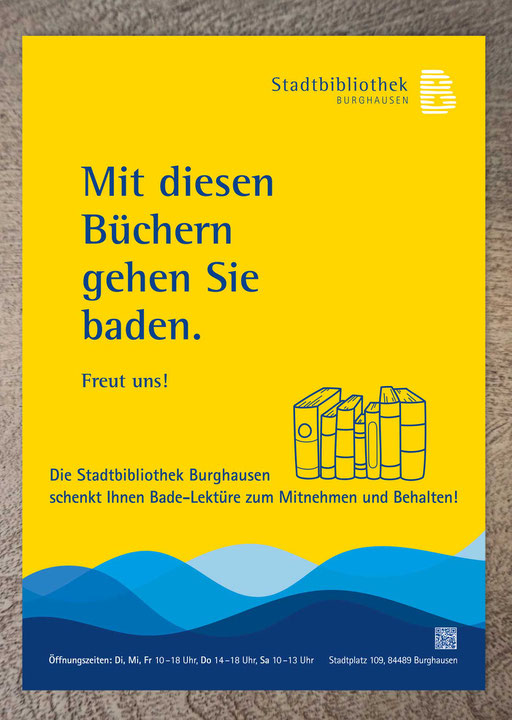 Plakat Badelektüre, Stadtbibliothek Burghausen, Juni 2024