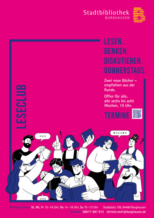 Plakat Leseclub, Stadtbücherei Burghausen, 2026, Gruppe Menschen dikutiert über Bücher
