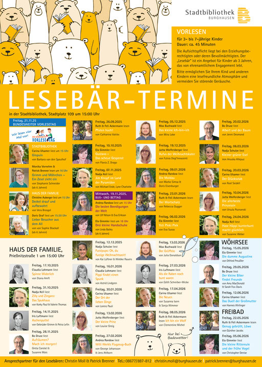 Plakat Lesebär für die Stadtbibliothek Burghausen, September 2025
