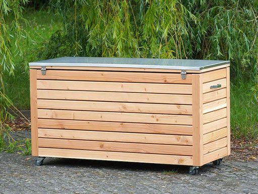 Auflagenbox / Kissenbox Holz mit Edelstahl - Deckel, Oberfläche: Natur Geölt