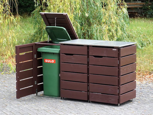3er Mülltonnenbox / Mülltonnenverkleidung 120 L mit Edelstahl - Deckel, Oberfläche: Dunkelbraun / Schokoladenbraun (RAL 8017)