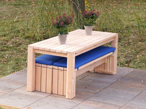 Gartenmöbel Set 2, Oberfläche: Natur - die Bänke können unter dem Tisch verstaut werden 