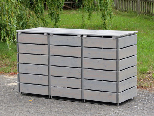 Rückseite 3er Mülltonnenbox / Mülltonnenverkleidung aus Holz für kleine Mülltonnen, Oberfläche: Transparent Grau