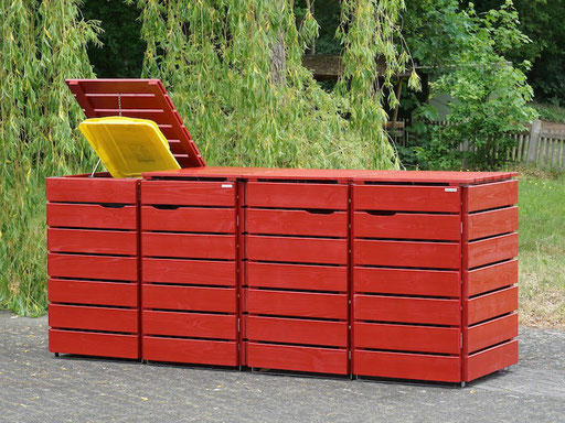4er Mülltonnenbox / Mülltonnenverkleidung Holz, Oberfläche: Nordisch Rot (RAL 3011)