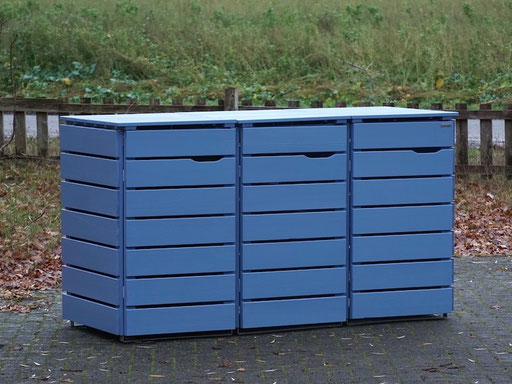 3er Mülltonnenbox / Mülltonnenverkleidung Holz, Oberfläche: Taubenblau (RAL 5014)