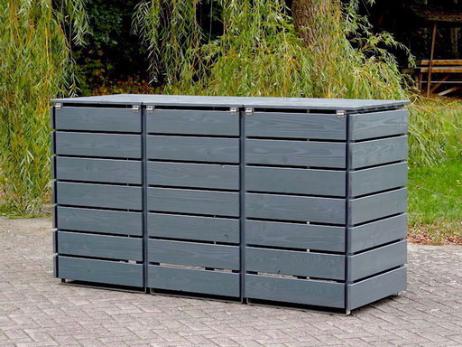 3er Mülltonnenbox / Mülltonnenverkleidung Holz, Oberfläche: Basaltgrau (RAL 7012)