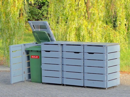 4er Mülltonnenbox Edelstahl / Holz - Deckel, Sonderfarbton nach RAL 7045 Telegrau 1 