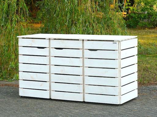 3er Mülltonnenbox / Mülltonnenverkleidung Holz, Oberfläche: Transparent Weiß