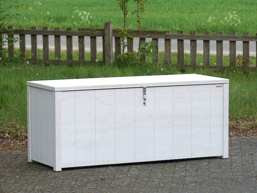 Große Auflagenbox / Kissenbox Holz nach Maß, Größe 185 x 70 x 78 cm, Oberfläche: Transparent Weiß