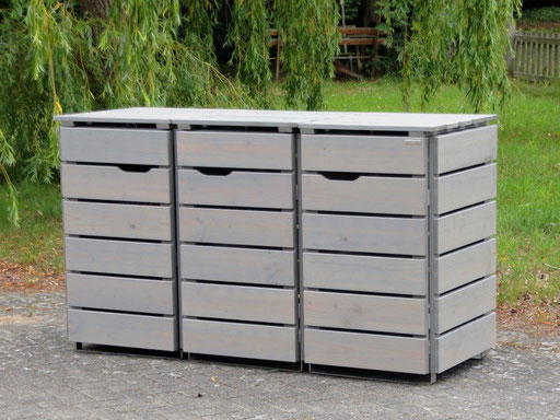 3er Mülltonnenbox / Mülltonnenverkleidung aus Holz für kleine Mülltonnen, Oberfläche: Transparent Grau