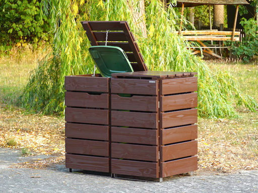 2er Mülltonnenbox / Mülltonnenverkleidung Holz, Oberfläche: Dunkelbraun / Schokoladenbraun (RAL 8017)