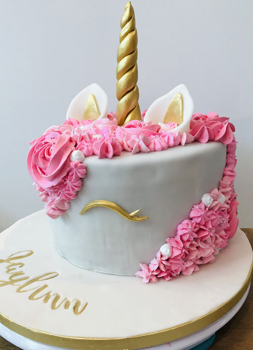 Unicorn, Eenhoorn, Roze, goud, fondant, botercreme kinderverjaardag, Verjaardagstaart, taart