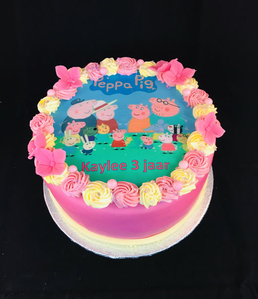 Peppapig, peppa, roze, sprinkels,  fondant, botercreme kinderverjaardag, Verjaardagstaart, taart
