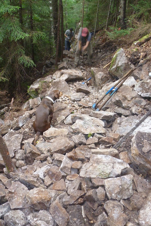 The trail tread was stabilized by setting large rocks on the up and downhill sides, then crushing the tread surface down to pebble size