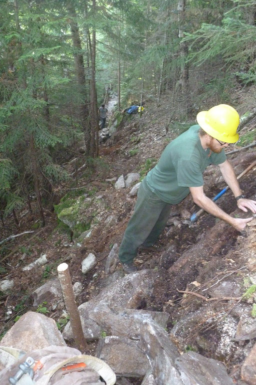 Some side slopes were steeper than 100% (or 45 degrees), making it difficult to stand, much less build a sustainable trail