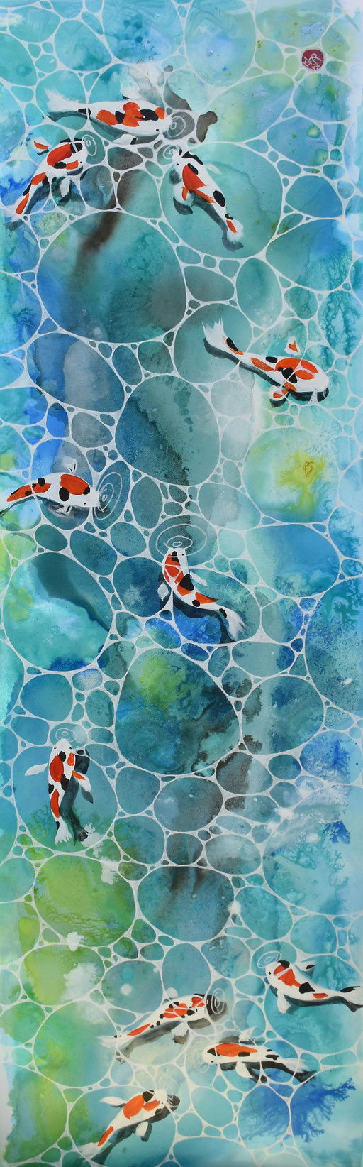"Le bassin aux onze carpes"  Encres et Posca sur toile 120x40cm (vendu)