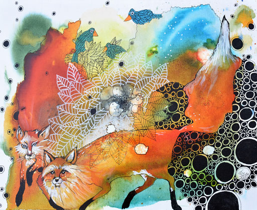 Deux renards  Encres et Posca sur toile (vendu)