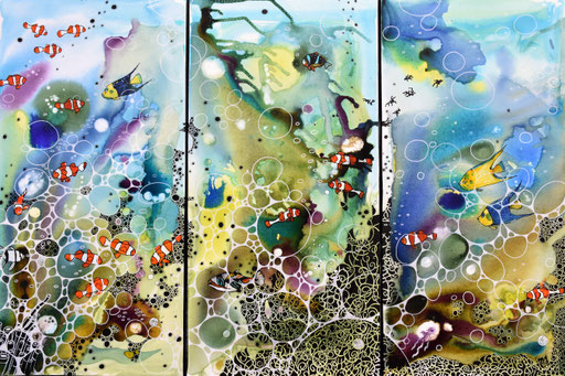 "Fonds océaniques"  Encres et Posca sur toile Triptyque 120x80cm en 3 panneaux de 80x40