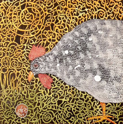 "La poule n°2"  Encres et Posca sur toile carton entoilé 25x25 cm (vendu)