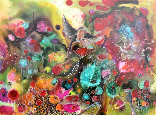"Jardin rouge" Encres et posca sur toile 73x54 cm