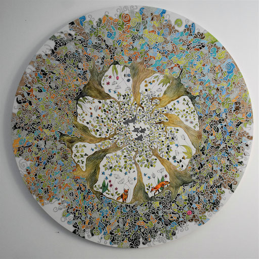 "La ronde des saisons" Encre sur toile diam 100 cm - (vendu)