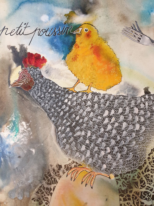 "Petit poussin" Hommage à Raymond Devos. Encres et Posca sur toile 80x60cm