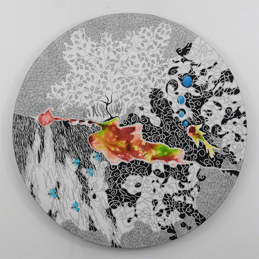 "les papillons bleus" Encre sur toile diam 50 cm - (vendu)