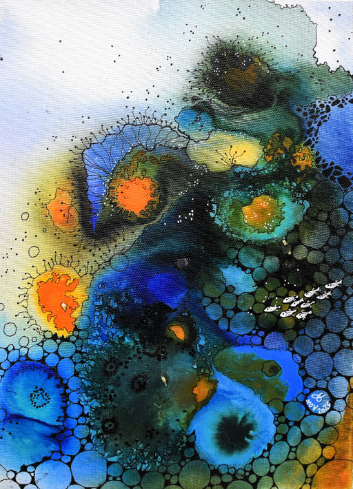 "Aquamarine" Encres et Posca sur toile 34x24 cm