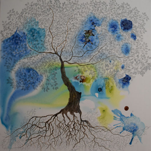 "Arborescences". Encre sur toile. 90x90 cm -