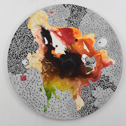 "dragon rouge" Encre sur toile diam 50 cm -