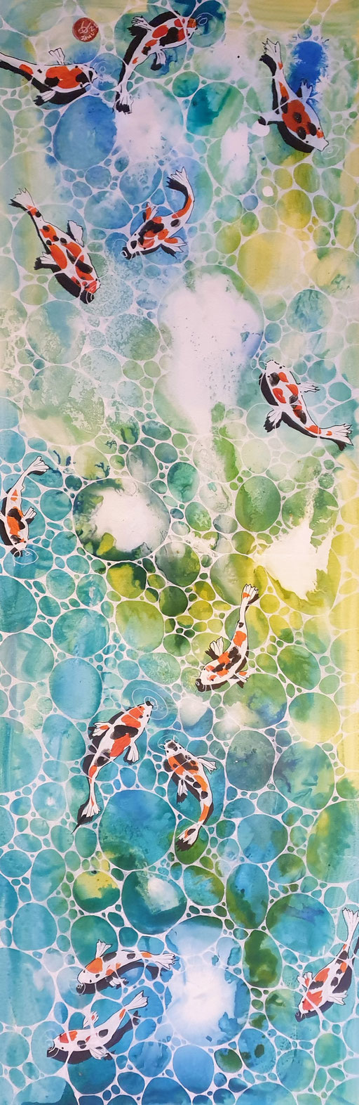 "Le bassin aux treize carpes"  Encres et Posca sur toile 120x40 cm. (vendu)
