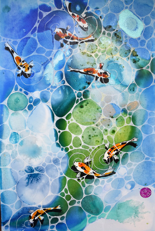 "7 carpes koï" Encres et Posca sur toile 41x27 cm (vendu)