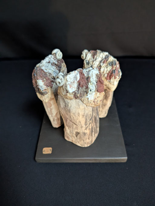 Danse des béliers, grès, porcelaine et bois flotté, 16x16,5x19cm, 2026