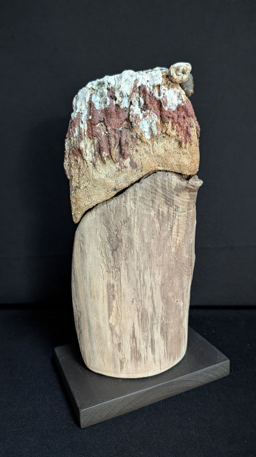 Petit bélier rupestre, grès, porcelaine et bois flotté, 10x15x28cm, 2026