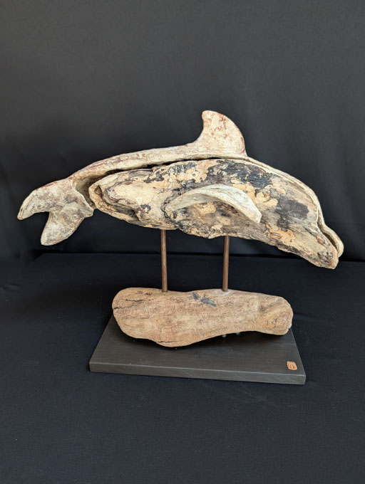 Dauphin Beluga, grès et bois flotté, 40x19x36cm, 2026