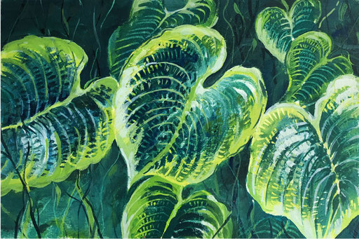 Natur - Monstera-Blätter 2, 2019, Acryl auf Papier, 10,5 x 14.8 cm
