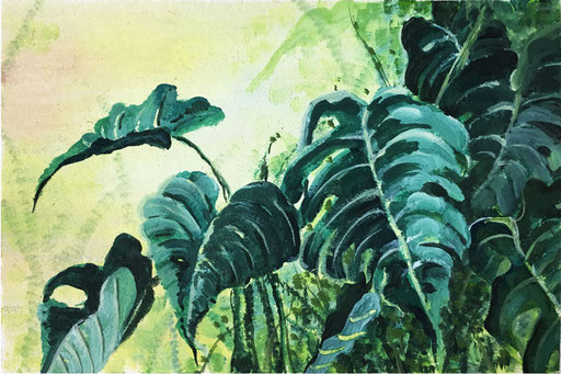 Natur - Monstera-Blätter 1, 2019, Acryl auf Papier, 10,5 x 14.8 cm