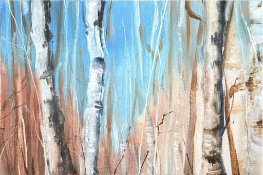 Birken-Lichtbäume, 2019, Acryl auf Papier, 10,5 x 14.8 cm