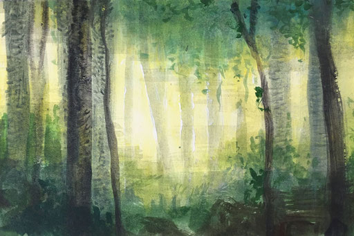 Wald - Licht 1, 2019, Acryl auf Papier, 10,5 x 14.8 cm