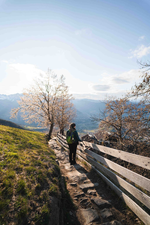 Sonnenaufgangswanderung von Dorf Tirol zum Aussichtskorb Hochmuth - Bergmoment über den Dächern von Meran in Südtirol