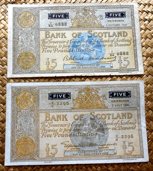 Escocia Bank of Scotland  5 pounds 1959 vs. 5 pounds 1951 anversos