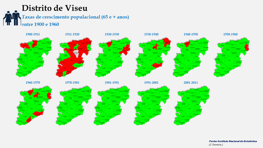 Distrito de Viseu - Evolução da população (65 e + anos) dos concelhos do distrito de Viseu entre censos (1900 a 2011). 